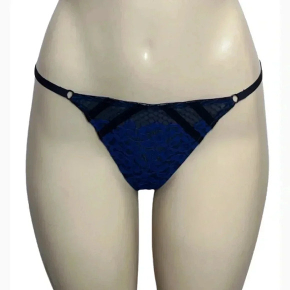 VICTORIA’S SECRET PUSH UP BRA PANTY SET THONG BLACK BLUE FAUX LEATHER 36DD - Picture 4 of 13